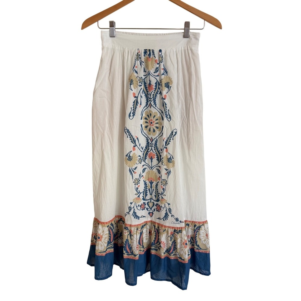 Cleobella Womens XS White Floral Embroidered Smocked Tiered Ruffle Midi Skirt